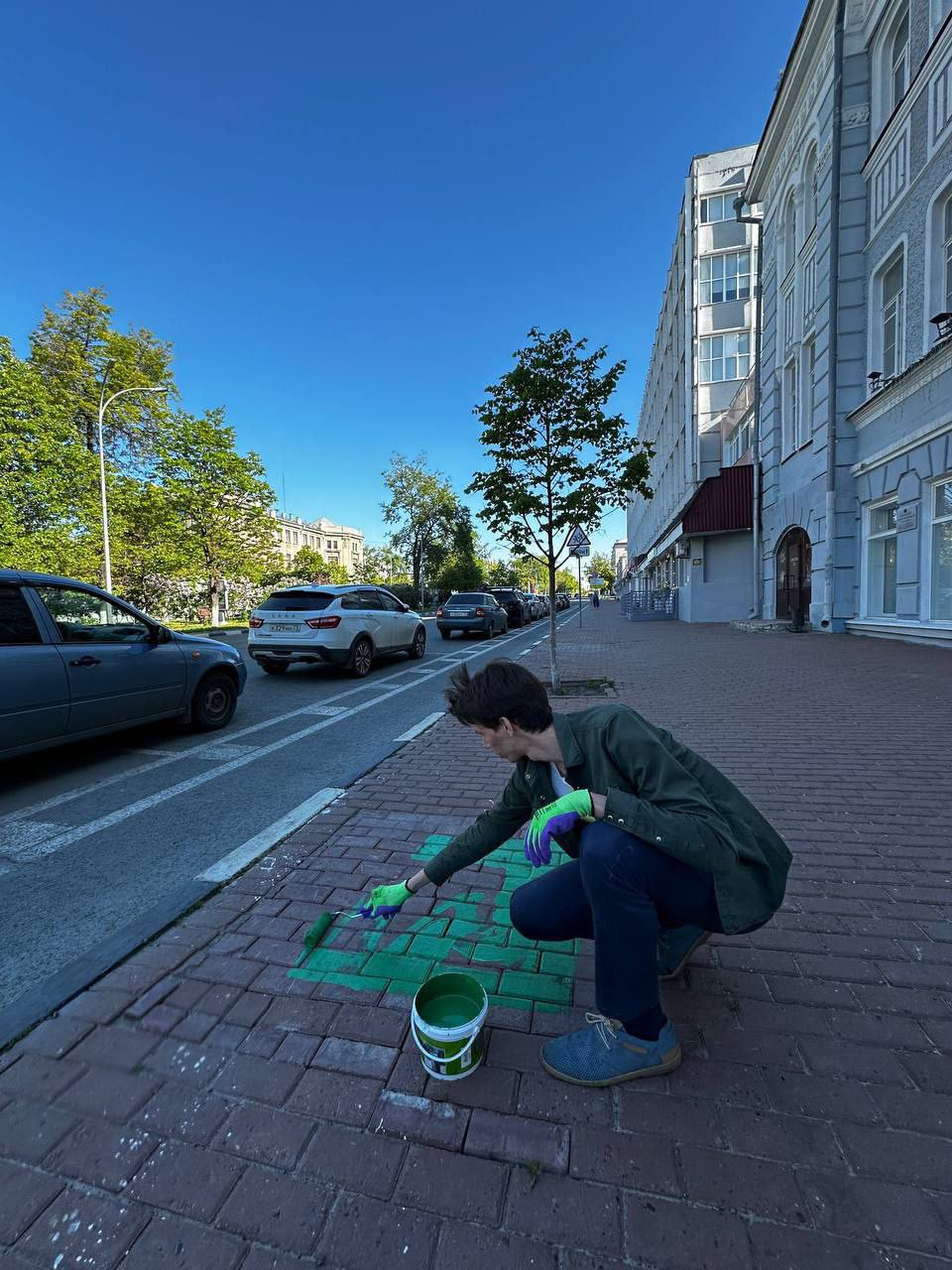 В память о деревьях: ульяновский урбанист покрасил тротуар в зеленый